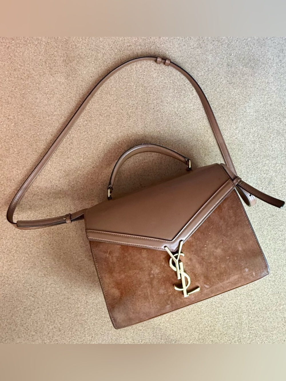Saint Laurent Brown Leather and Suede Top Handle Satchel with Gold YSL